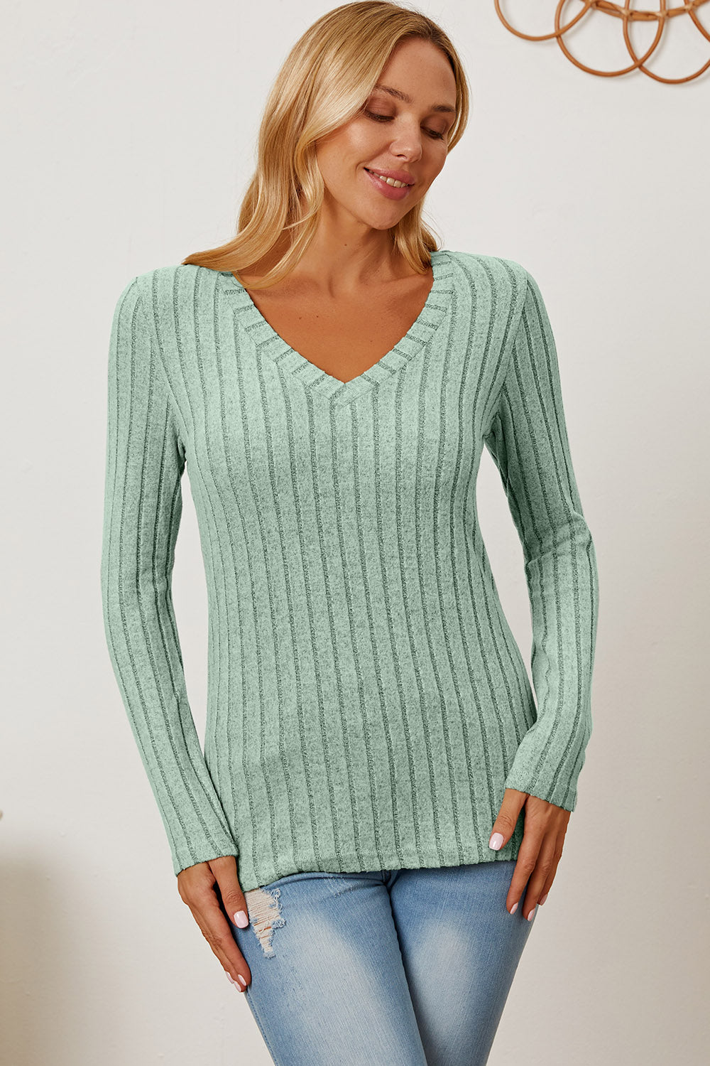 Basic Bae Full Size Ribbed V-Neck Long Sleeve T-Shirt-Teresa&#39;s Fashionista LLC