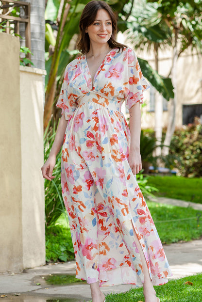 Floral Deep V Slit Maxi Dress-Teresa&#39;s Fashionista LLC