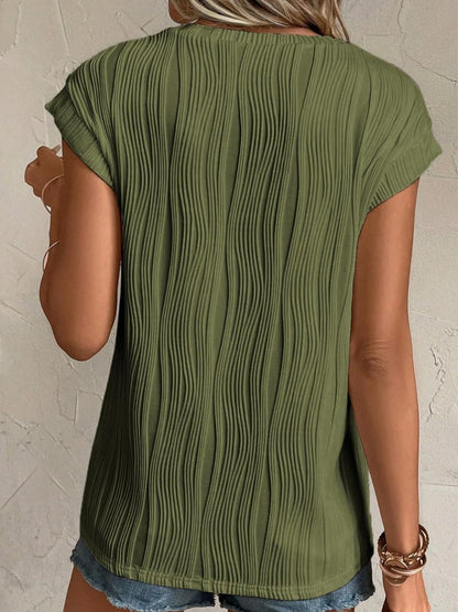 Textured Round Neck Cap Sleeve T-Shirt-Teresa&#39;s Fashionista LLC