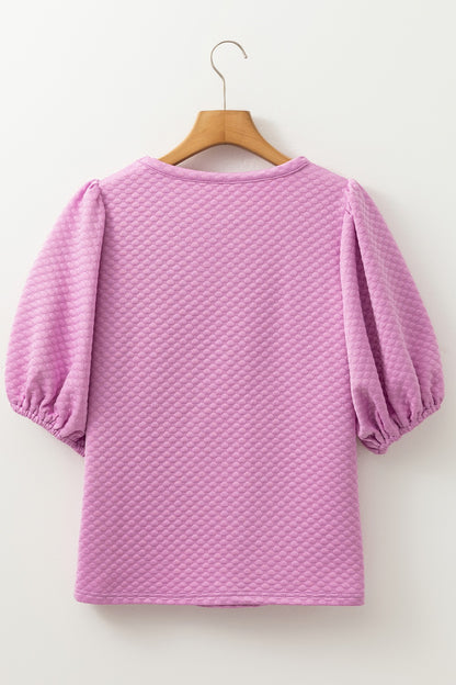 Textured Round Neck Puff Sleeve Blouse