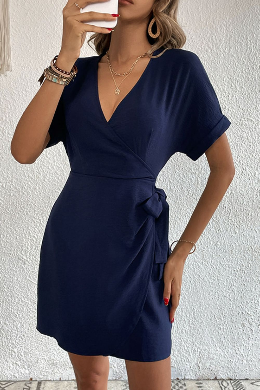 Tied Cuffed Sleeve Surplice Dress-Teresa&#39;s Fashionista LLC