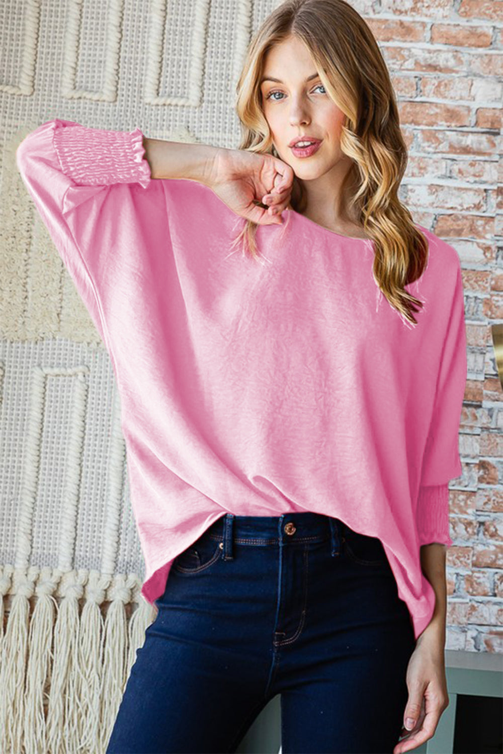 Reborn J Texture Round Neck Smocked Half Sleeve Top-Teresa&#39;s Fashionista LLC