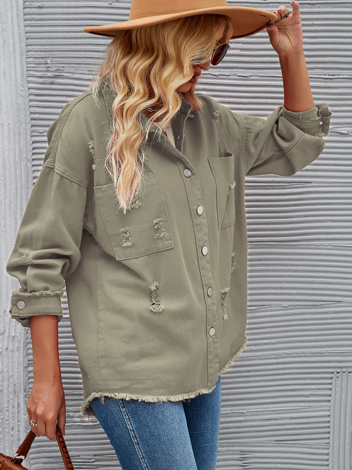 Distressed Raw Hem Button Up Denim Jacket-Teresa&#39;s Fashionista LLC