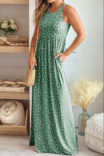 Leopard Round Neck Sleeveless Maxi Dress-Teresa&#39;s Fashionista LLC