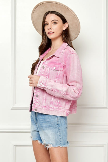 Veveret Button Up Cropped Denim Jacket-Teresa&#39;s Fashionista LLC