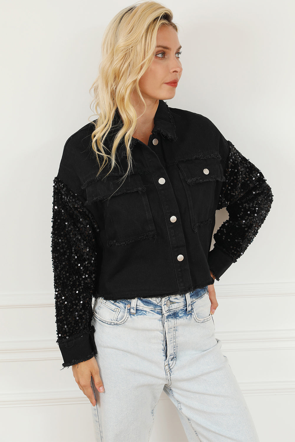 Sequin Button Up Raw Hem Denim Jacket-Teresa&#39;s Fashionista LLC