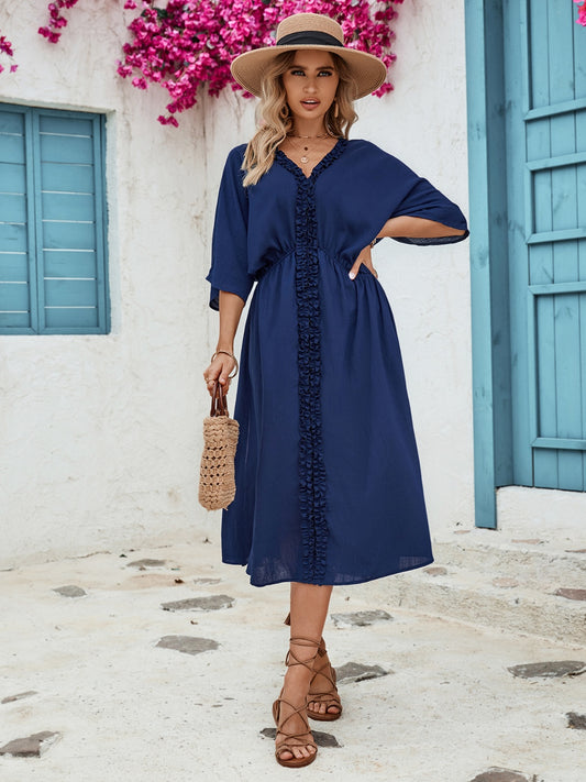 Frill Slit V-Neck Three-Quarter Sleeve Dress-Teresa&#39;s Fashionista LLC