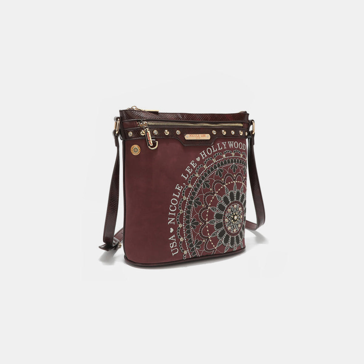 Nicole Lee USA Metallic Stitching Embroidery Inlaid Rhinestone Crossbody Bag-Teresa&#39;s Fashionista LLC