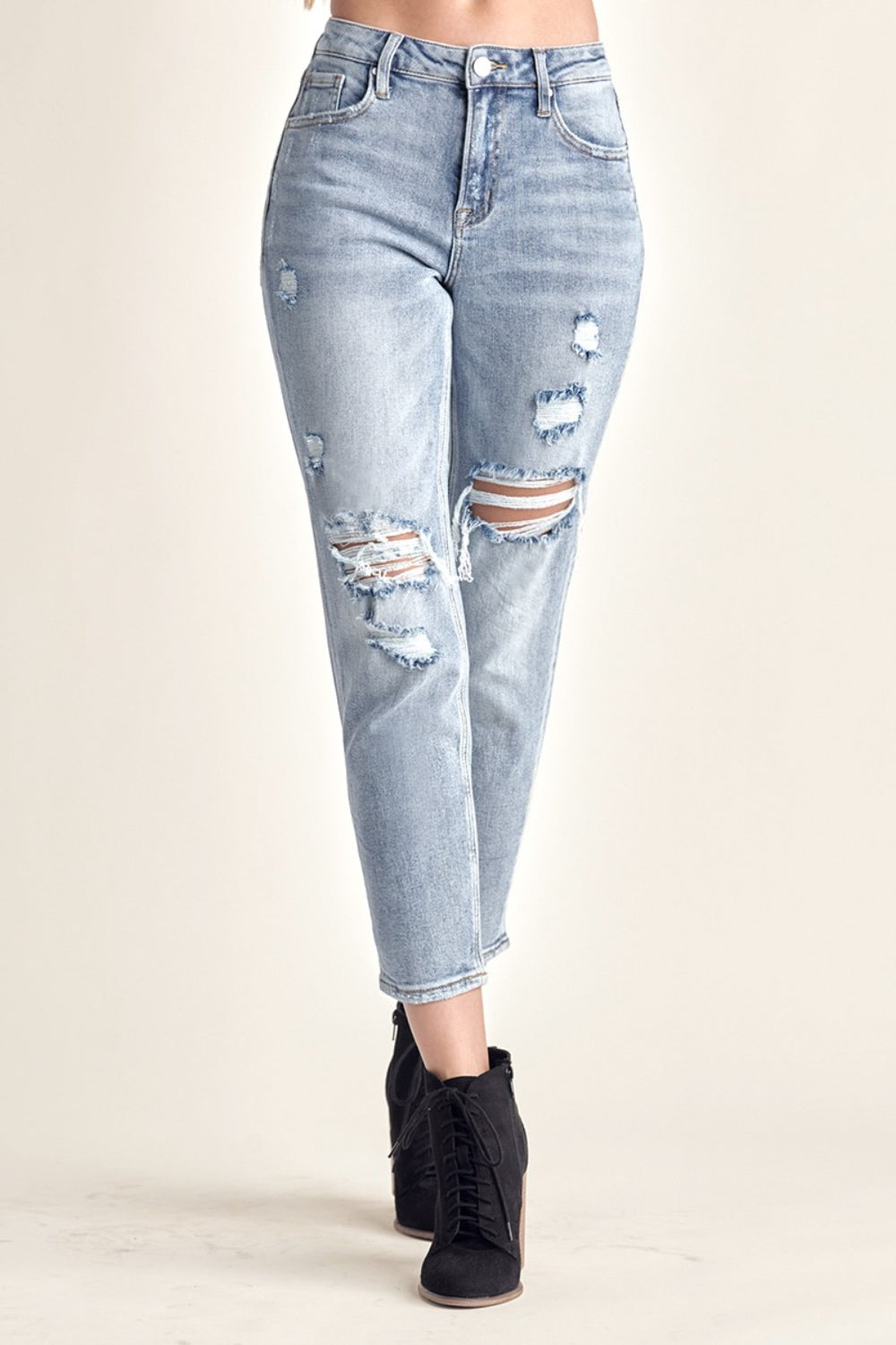 RISEN Distressed Slim Cropped Jeans-Teresa&#39;s Fashionista LLC