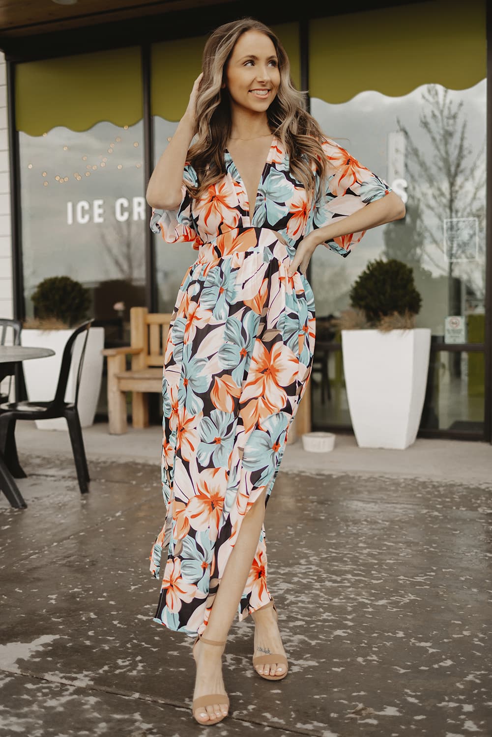 Floral Slit Plunge Short Sleeve Dress-Teresa&#39;s Fashionista LLC