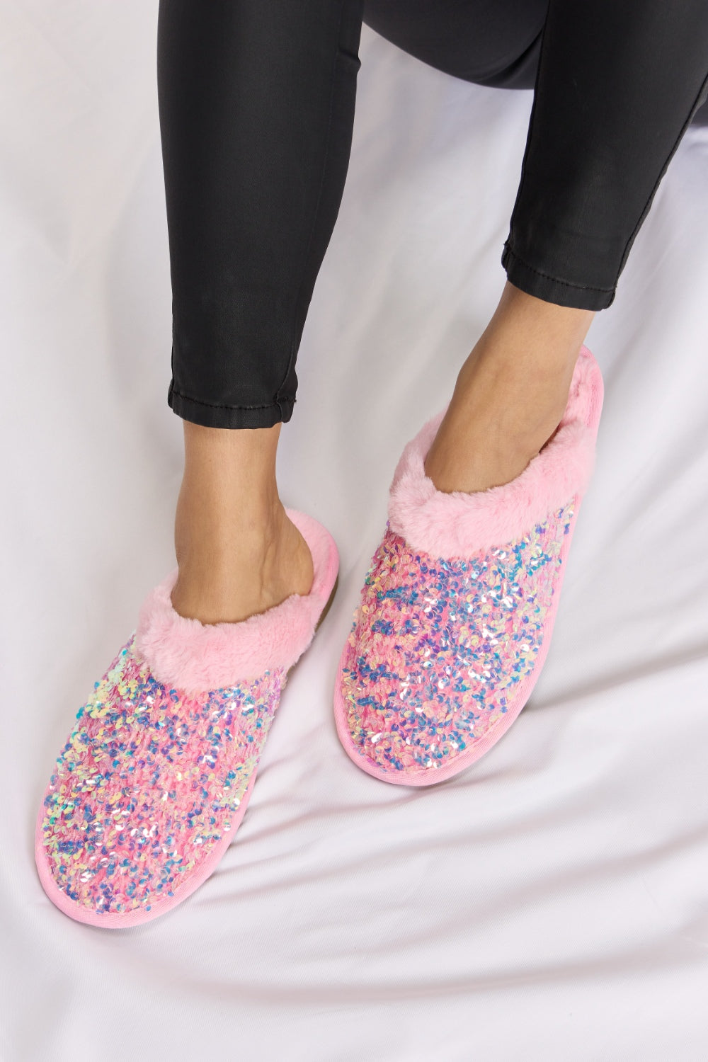 Forever Link Sequin Plush Round Toe Slippers-Teresa&#39;s Fashionista LLC