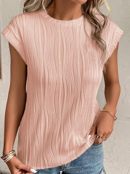 Textured Round Neck Cap Sleeve T-Shirt-Teresa&#39;s Fashionista LLC