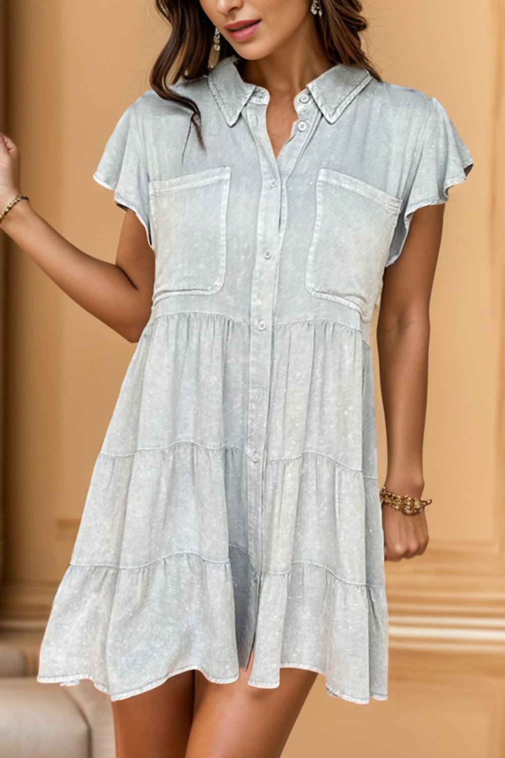 Button Up Cap Sleeve Denim Dress-Teresa&#39;s Fashionista LLC