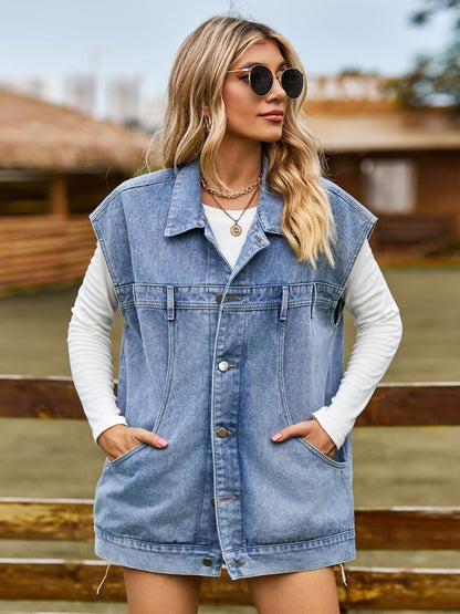 Button Up Collared Neck Sleeveless Denim Jacket-Teresa&#39;s Fashionista LLC