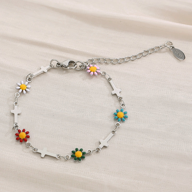 Flower & Cross Stainless Steel Bracelet-Teresa&#39;s Fashionista LLC