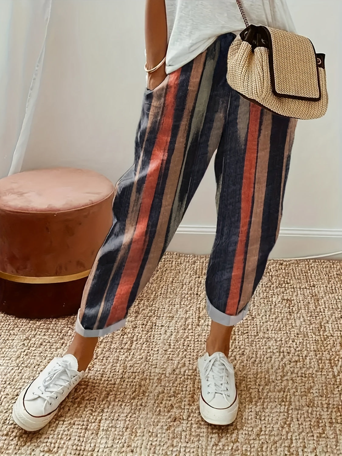 Striped Pocketed Elastic Waist Pants-Teresa&#39;s Fashionista LLC