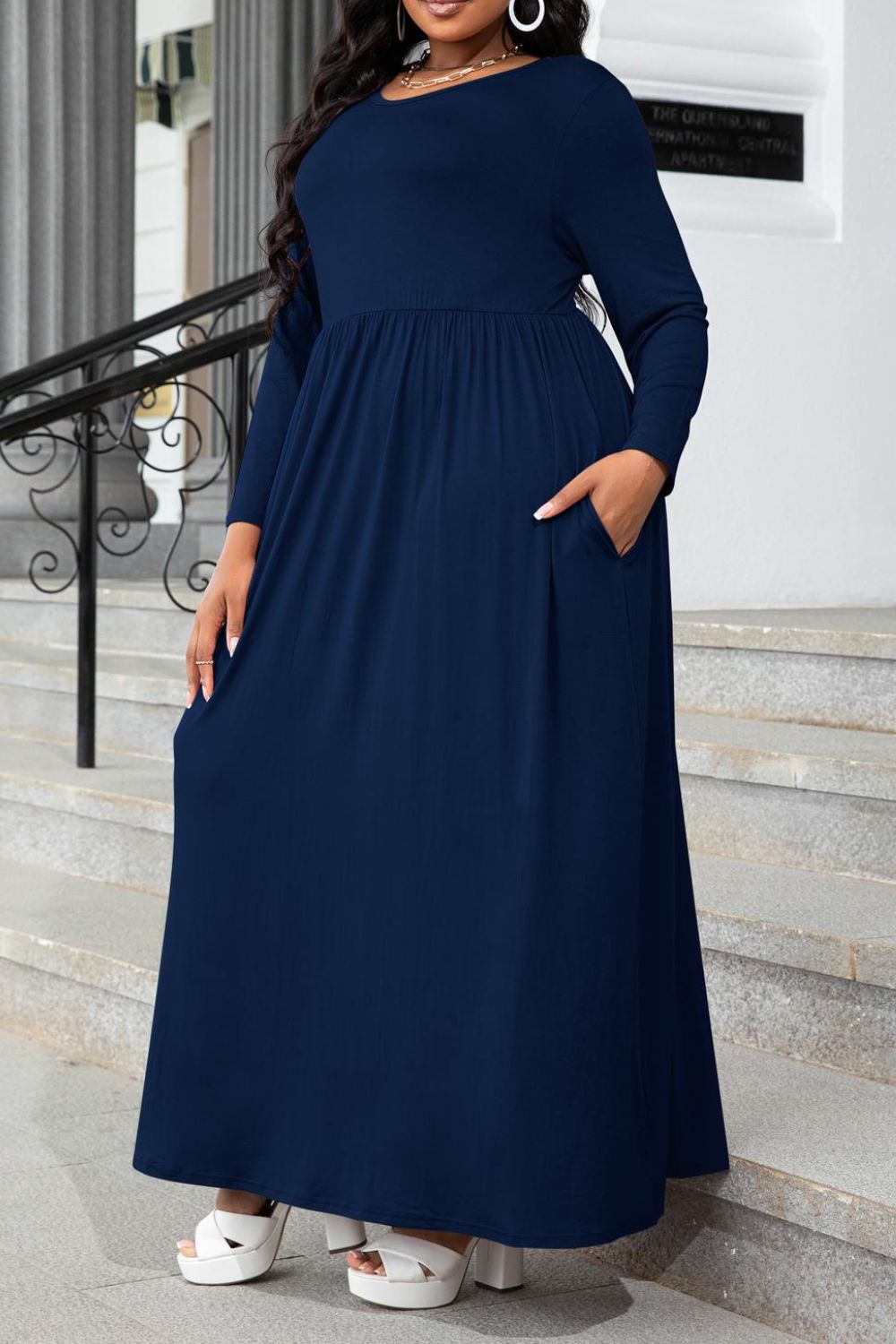 Plus Size Round Neck Long Sleeve Maxi Dress with Pockets-Teresa&#39;s Fashionista LLC