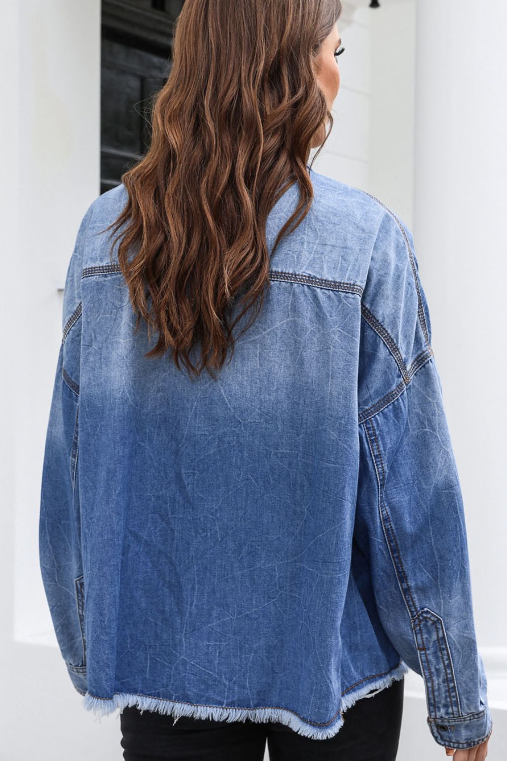 Raw Hem Pocketed Collared Neck Denim Jacket-Teresa&#39;s Fashionista LLC