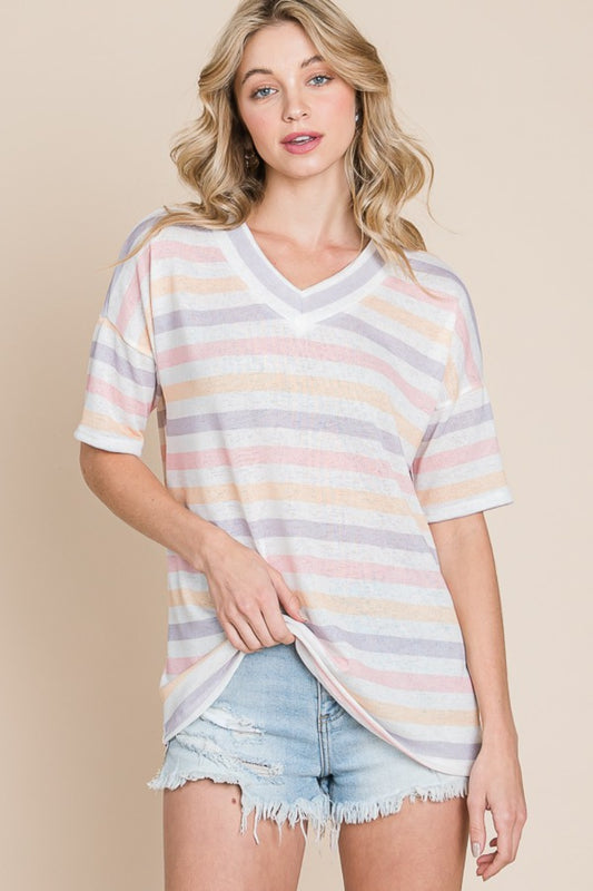 BOMBOM Striped V-Neck Short Sleeve T-Shirt-Teresa&#39;s Fashionista LLC