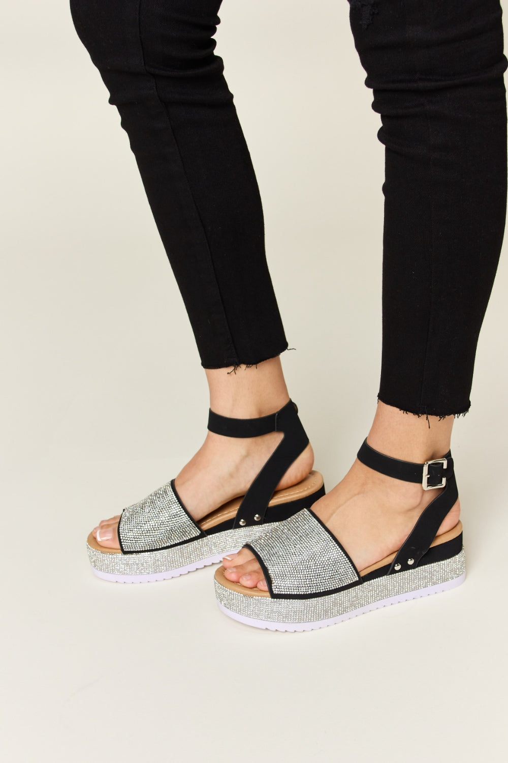 Forever Link Rhinestone Buckle Strappy Wedge Sandals-Teresa&#39;s Fashionista LLC