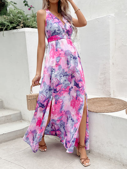 Printed Open Back Slit Sleeveless Dress-Teresa&#39;s Fashionista LLC