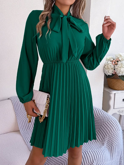 Tie Neck Balloon Sleeve Pleated Dress-Teresa&#39;s Fashionista LLC