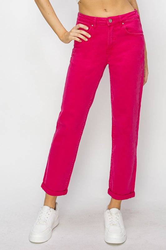 RISEN High Waist Rolled Hem Straight Jeans - Teresa's Fashionista LLC