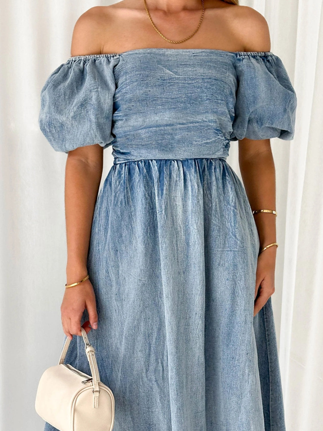 Off-Shoulder Balloon Sleeve Denim Dress-Teresa&#39;s Fashionista LLC