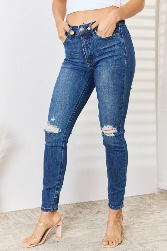 Judy Blue Full Size Mid Waist Distressed Slim Jeans-Teresa&#39;s Fashionista LLC