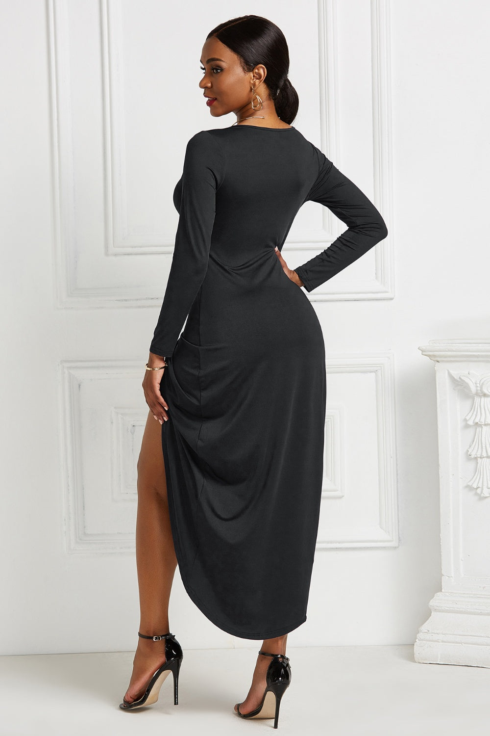 High-low Ruched Surplice Long Sleeve Dress-Teresa&#39;s Fashionista LLC