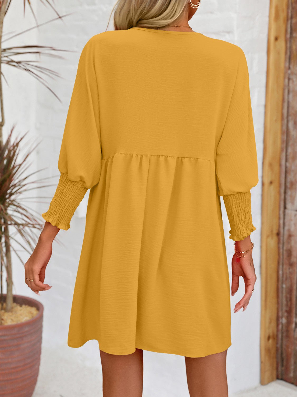 Round Neck Lantern Sleeve Mini Dress-Teresa&#39;s Fashionista LLC