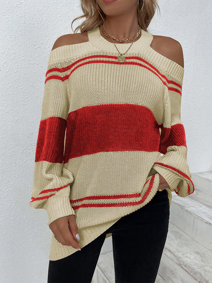 Color Block Striped Cold Shoulder Sweater-Teresa&#39;s Fashionista LLC