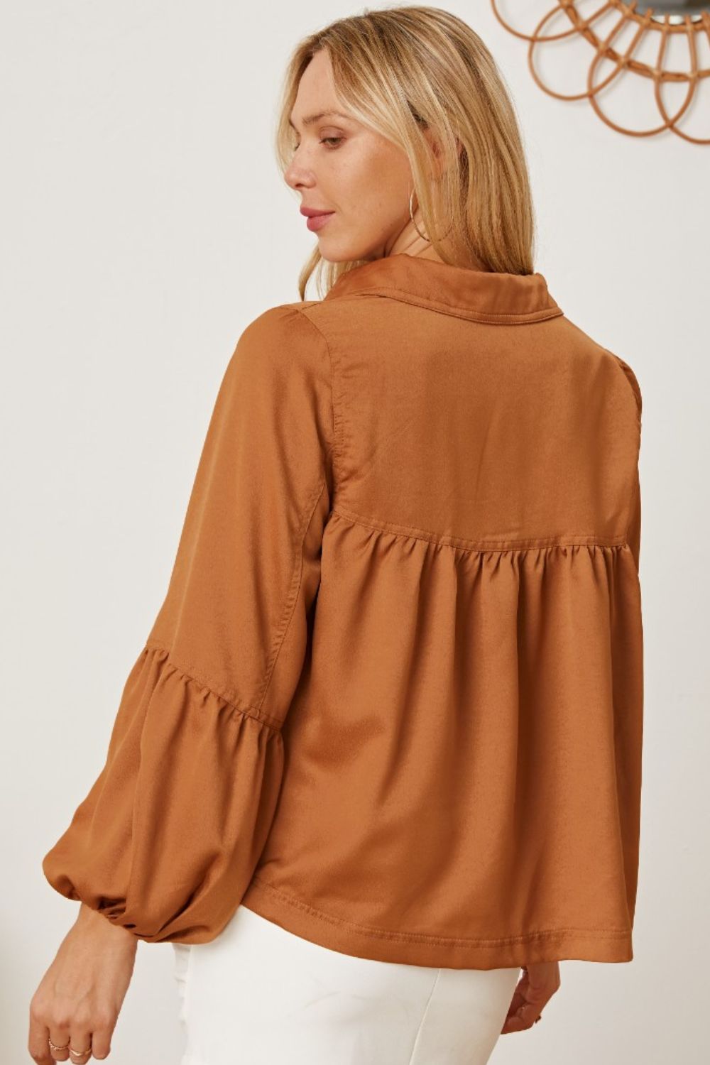 Balloon Sleeve Collared Neck Blouse-Teresa&#39;s Fashionista LLC