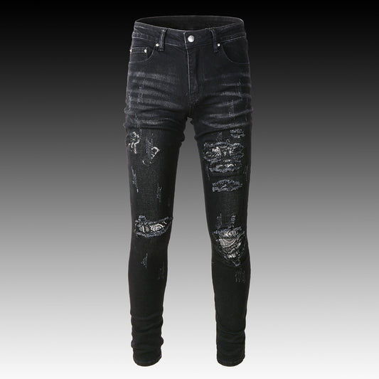 Men's Black Paisley Printed Patch Ripped Jeans-Teresa&#39;s Fashionista LLC