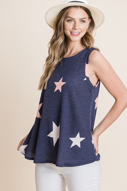 BOMBOM Star Print Round Neck Tank-Teresa&#39;s Fashionista LLC