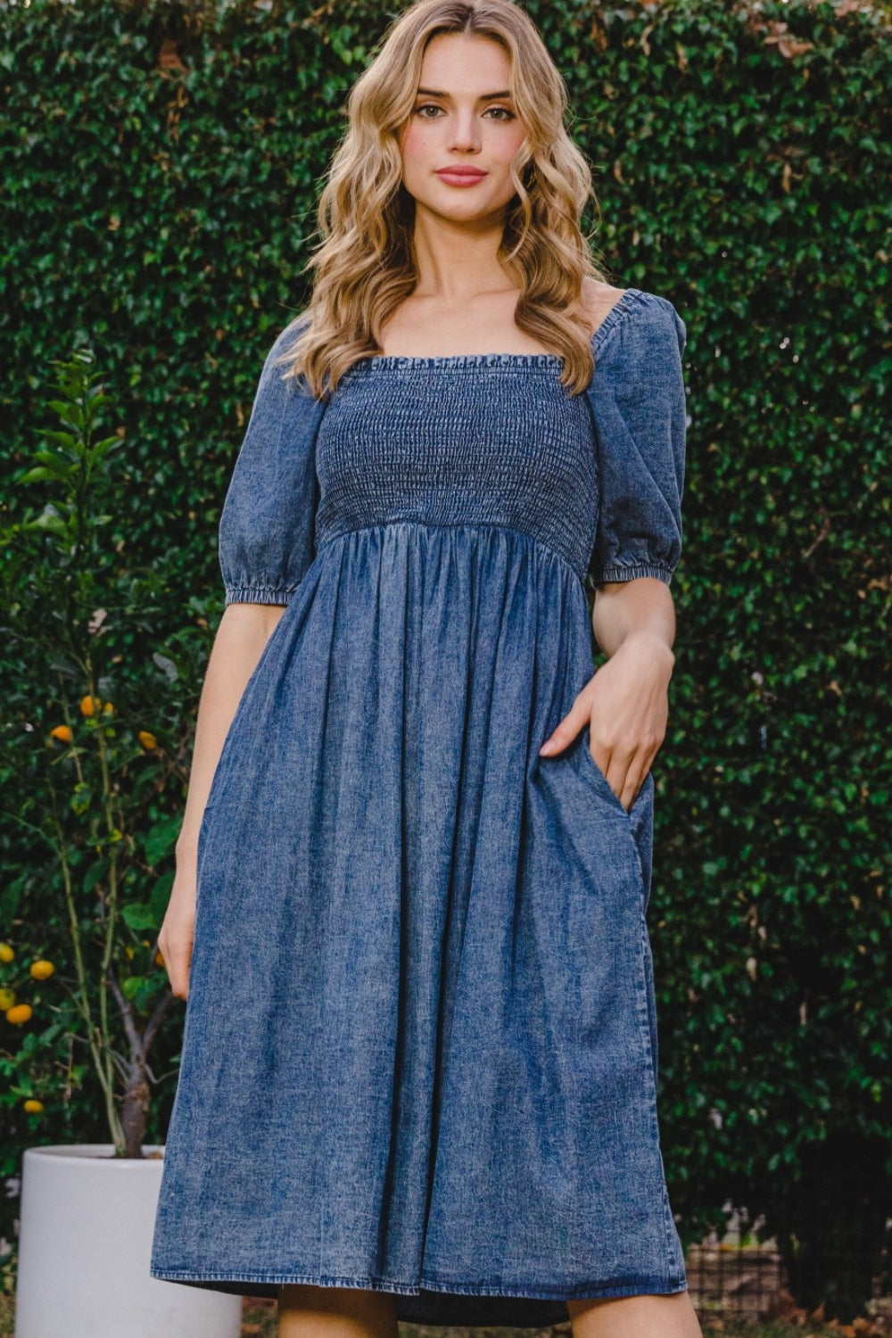 ODDI Full Size Washed Smocked Puff Sleeve Dress-Teresa&#39;s Fashionista LLC