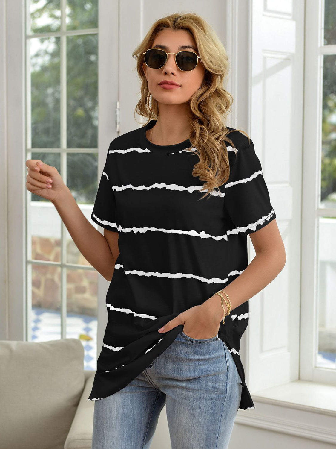 Striped Round Neck Short Sleeve T-Shirt-Teresa&#39;s Fashionista LLC