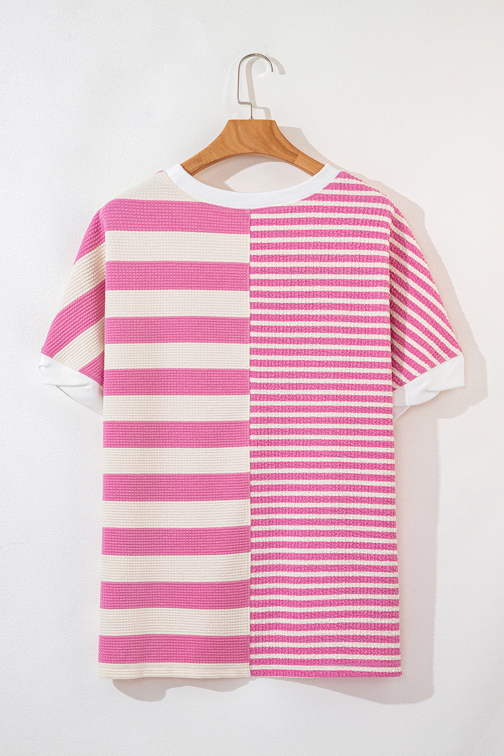 High-Low Striped Round Neck Short Sleeve T-Shirt