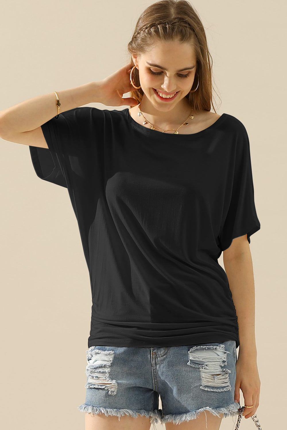 Ninexis Boat Neck Short Sleeve Ruched Side Top-Teresa&#39;s Fashionista LLC