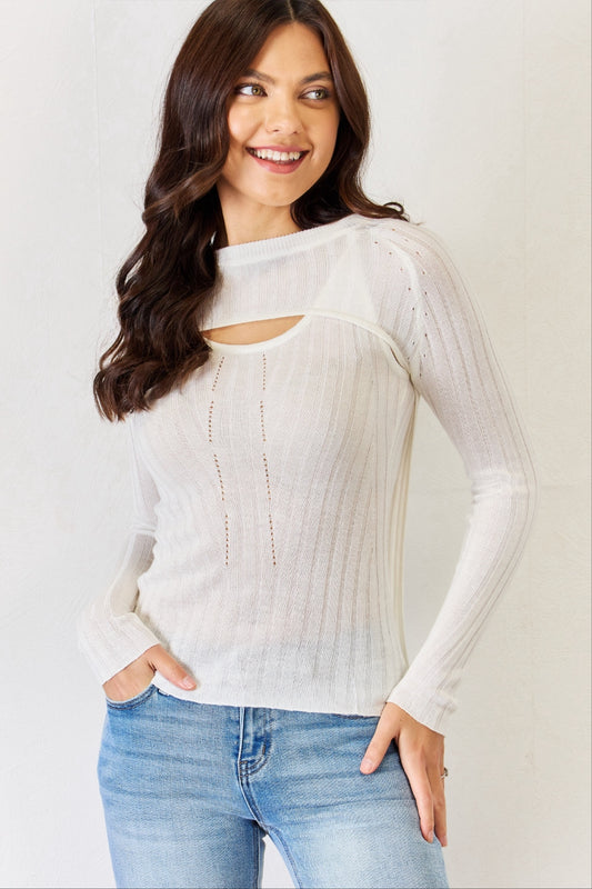 J.NNA Fitted Long Sleeve Cutout Top-Teresa&#39;s Fashionista LLC