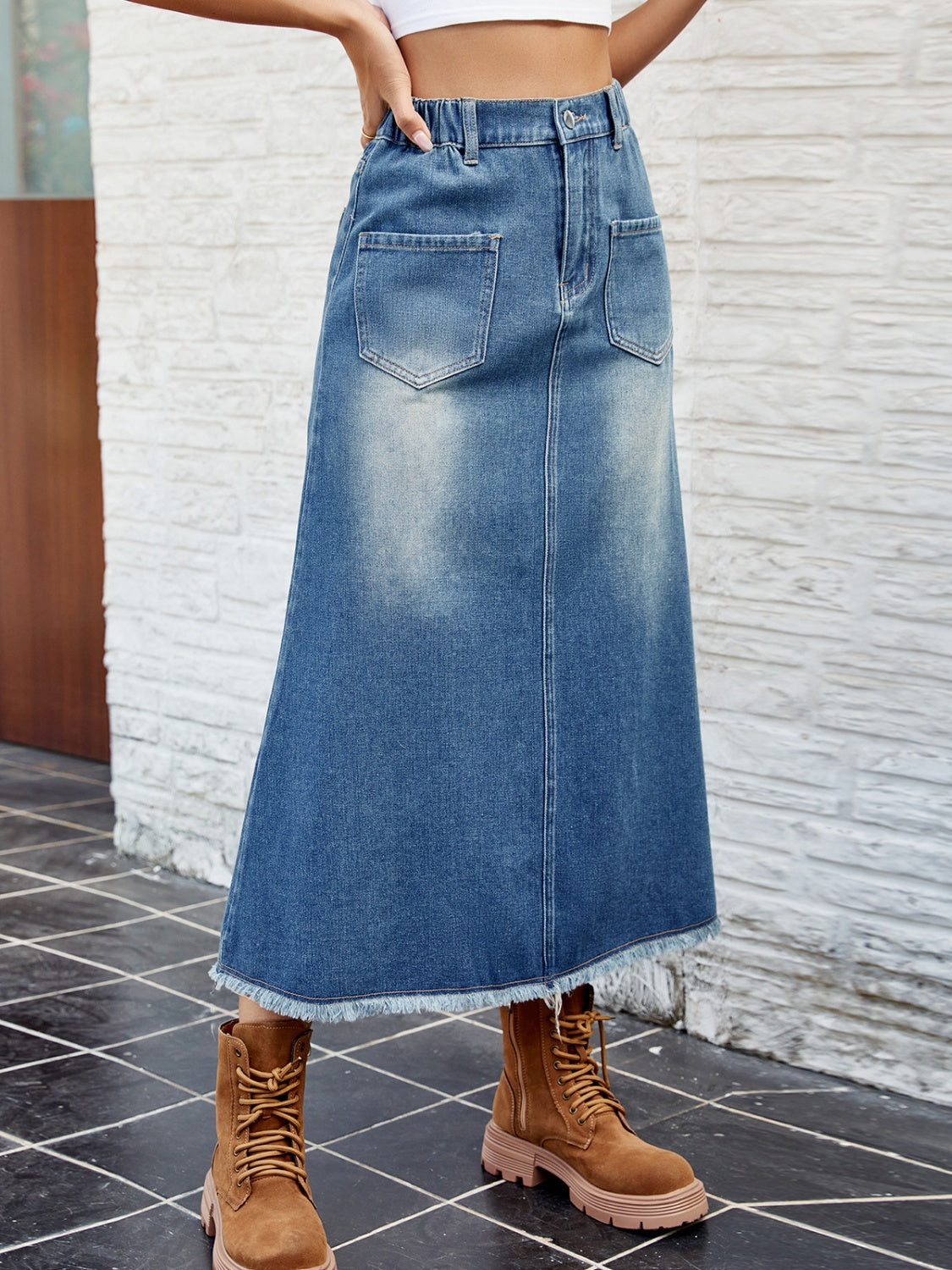 Raw Hem Buttoned Denim Skirt with Pockets-Teresa&#39;s Fashionista LLC