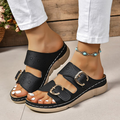 PU Leather Open Toe Buckle Sandals-Teresa&#39;s Fashionista LLC