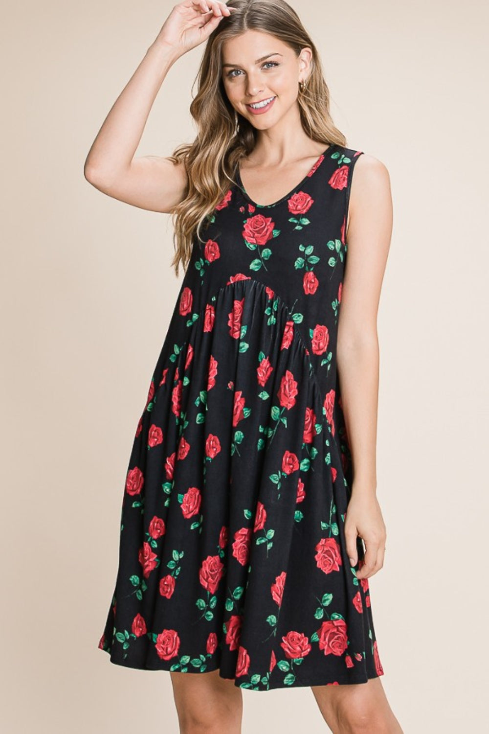 BOMBOM Floral Ruched Tank Dress-Teresa&#39;s Fashionista LLC