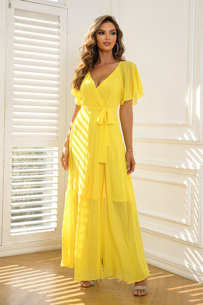 Tie Waist Flutter Sleeve Maxi Dress-Teresa&#39;s Fashionista LLC