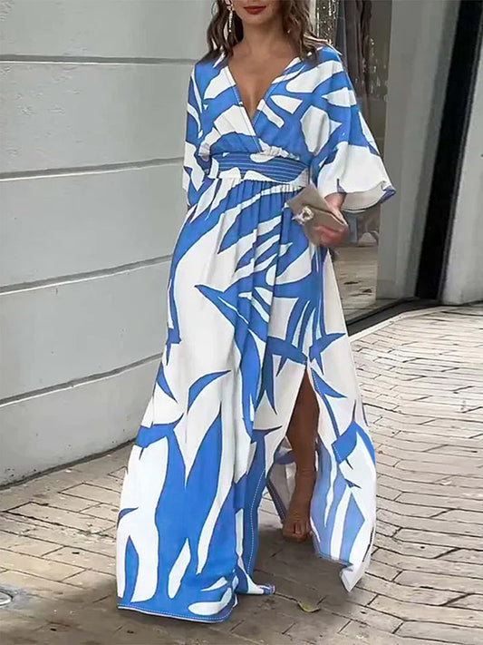 Slit Printed Surplice Maxi Dress-Teresa&#39;s Fashionista LLC