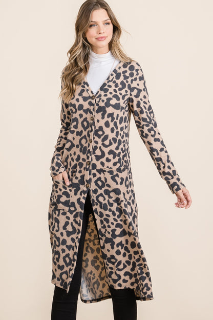 Celeste Full Size Leopard V-Neck Long Sleeve Cardigan