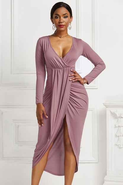 High-low Ruched Surplice Long Sleeve Dress-Teresa&#39;s Fashionista LLC