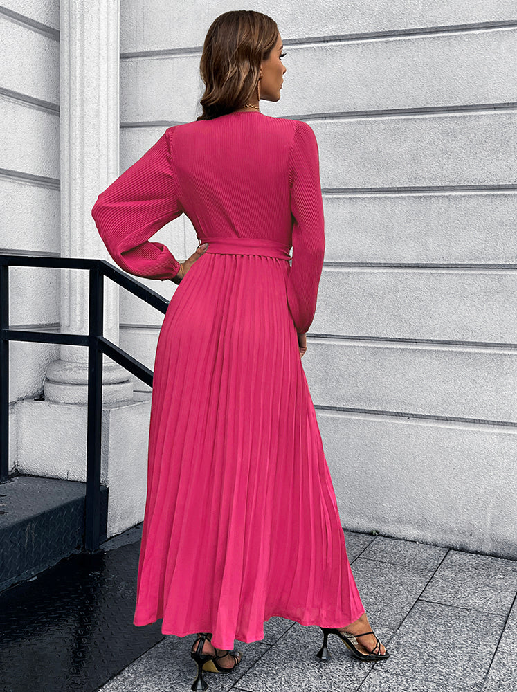 V-Neck Tie Waist Pleated Maxi Dress-Teresa&#39;s Fashionista LLC