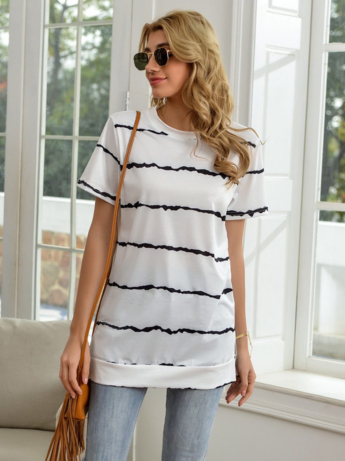 Striped Round Neck Short Sleeve T-Shirt-Teresa&#39;s Fashionista LLC