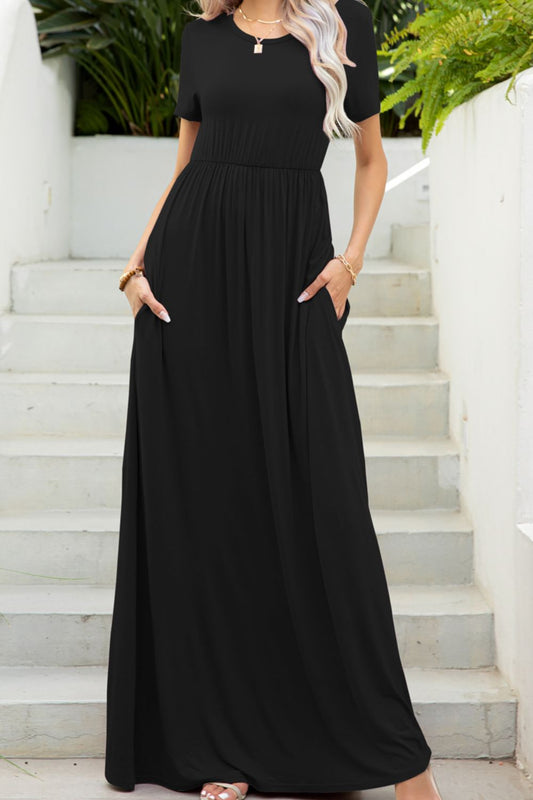 Round Neck Maxi Tee Dress with Pockets-Teresa&#39;s Fashionista LLC